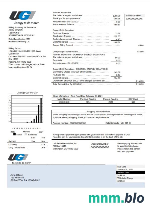 USA Pennsylvania ugi Utilities rachunek za media szablon w formacie Word i PDF